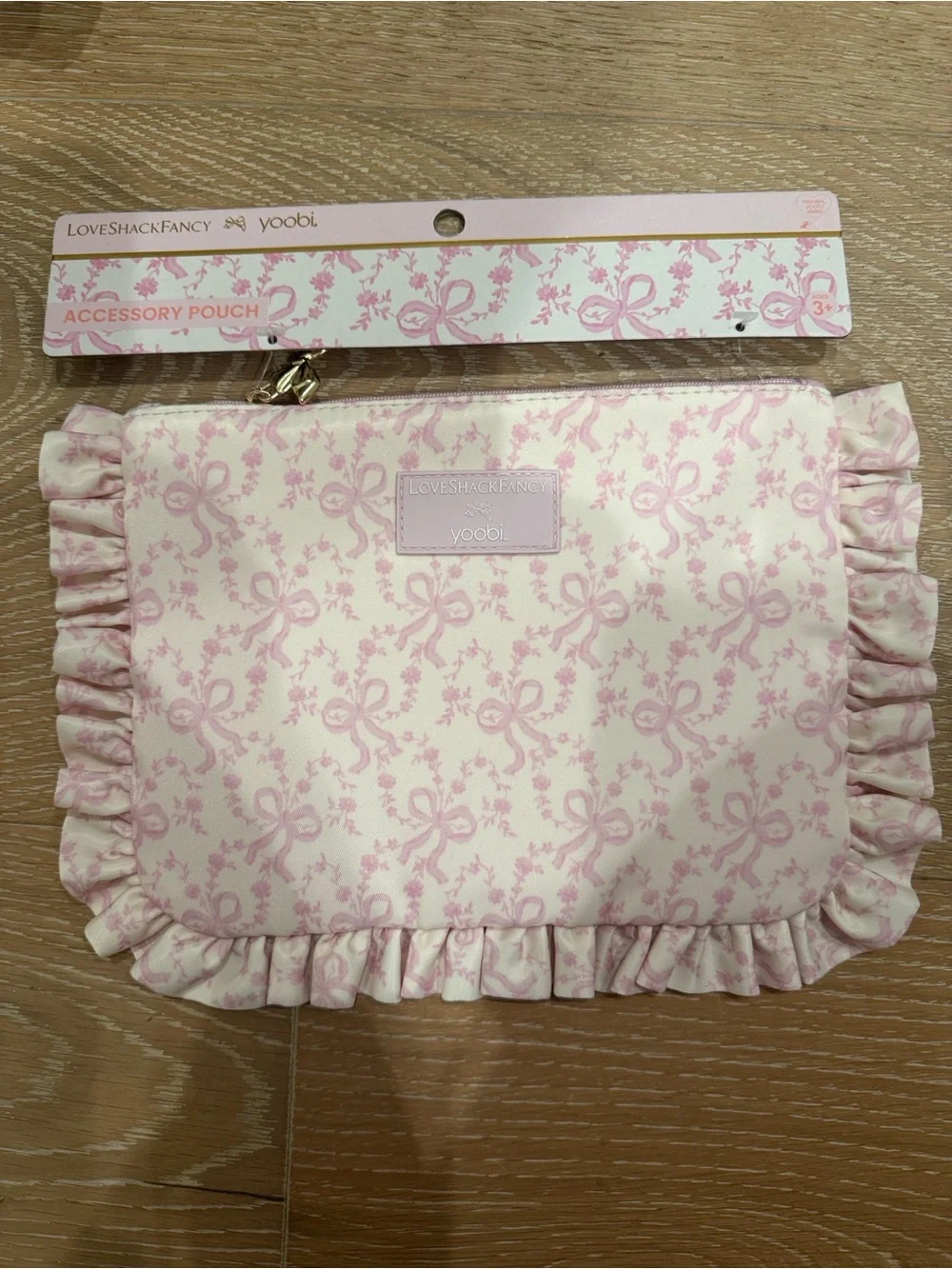 LoveShackFancy x yoobi Ruffle Bow Accessory Pouch in Pale Pink with Bows NWT